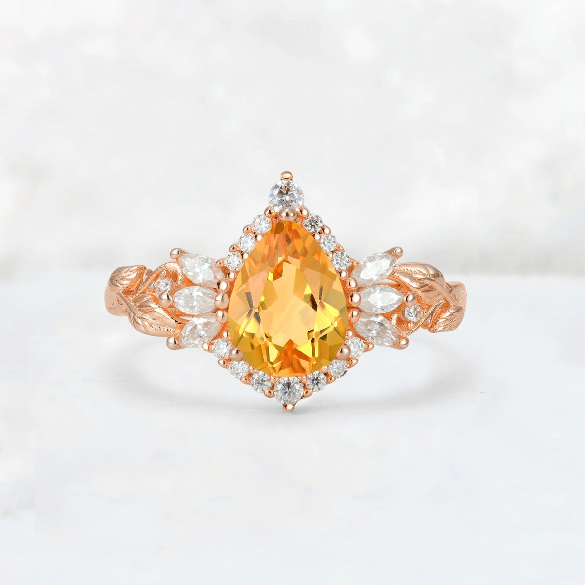 Pear Cut Citrine Marquise Halo Leaf Vine Engagement Ring - Additional view