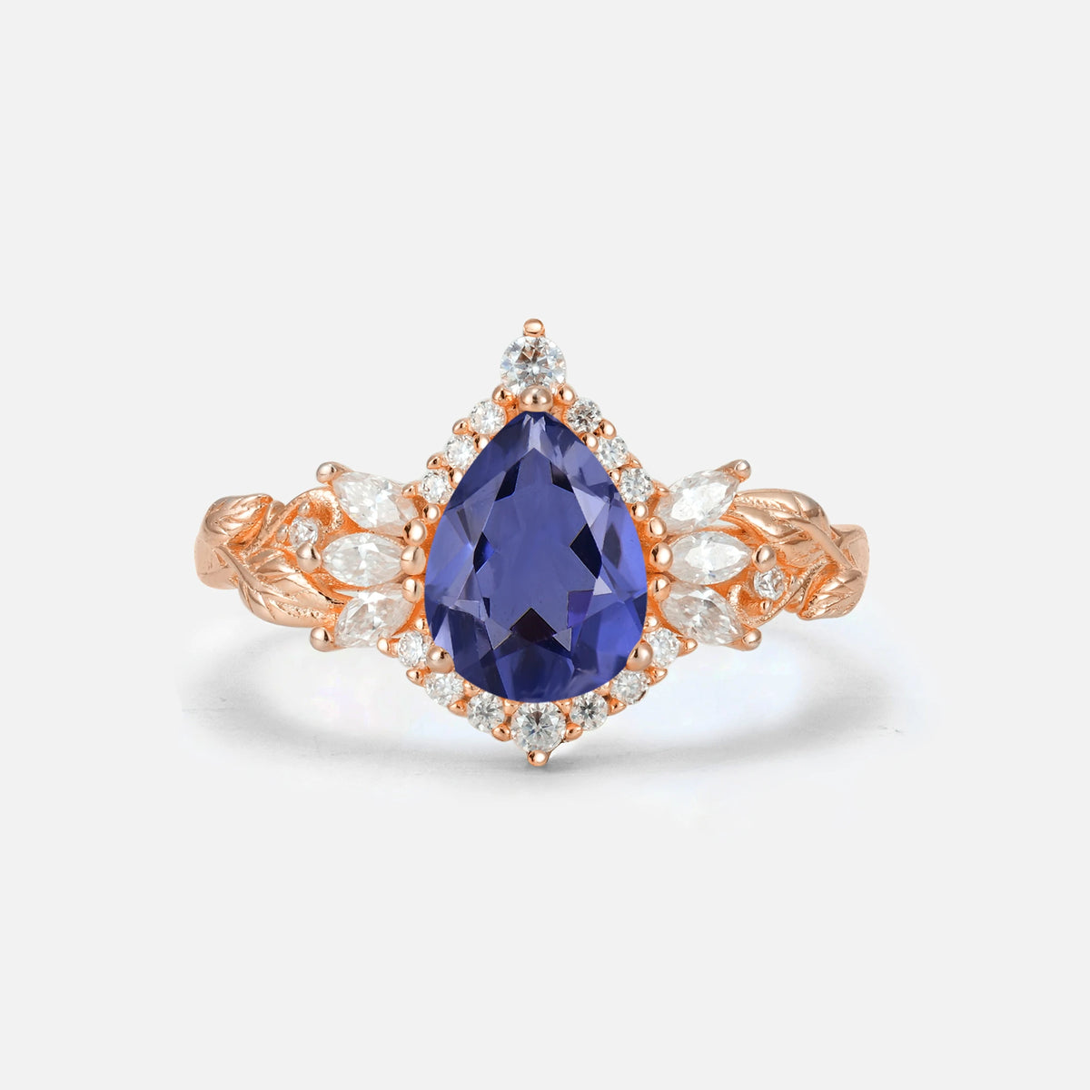 Pear Cut Tanzanite Marquise Halo Leaf Vine Engagement Ring - Additional view