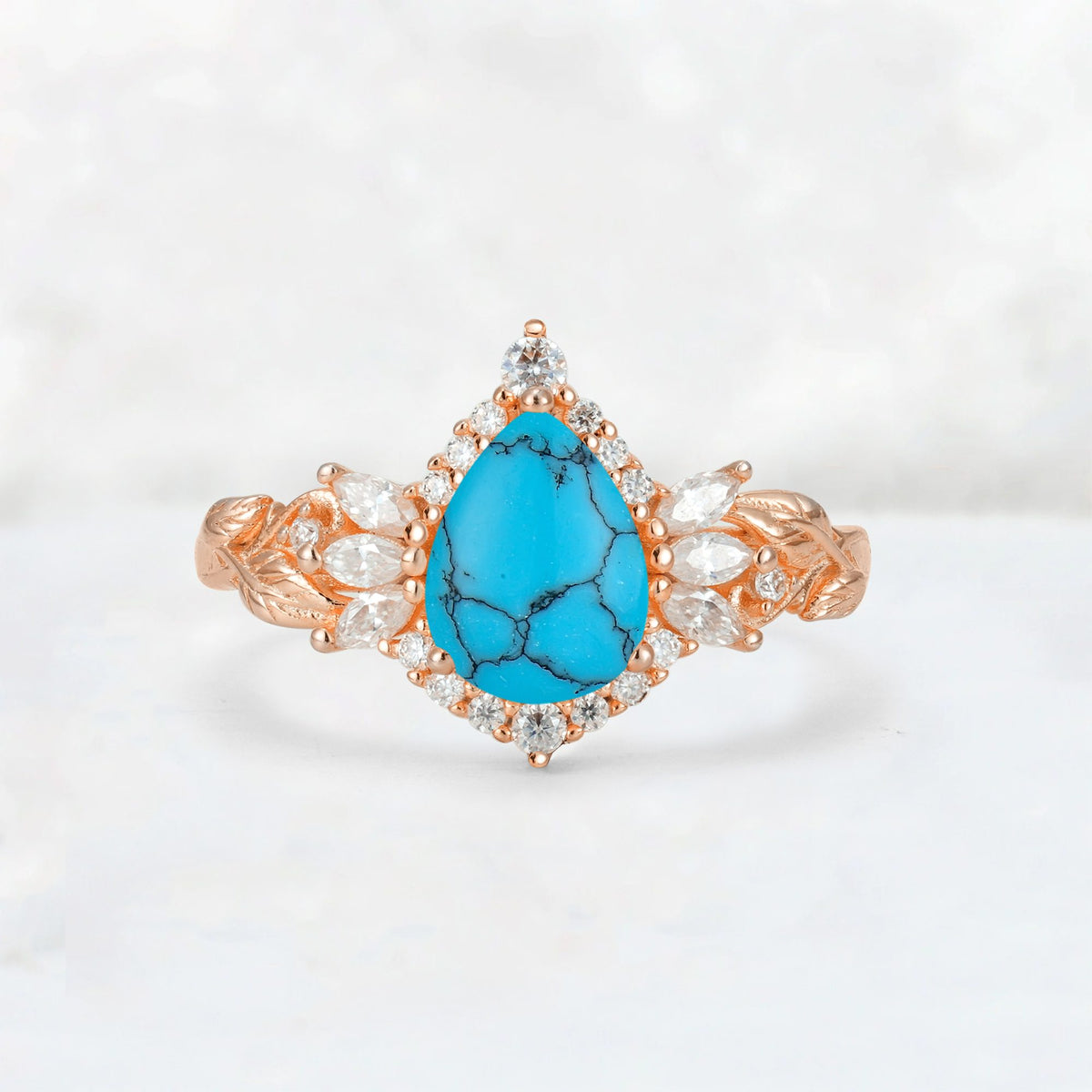 Pear Cut Turquoise Marquise Halo Leaf Vine Engagement Ring - Additional view