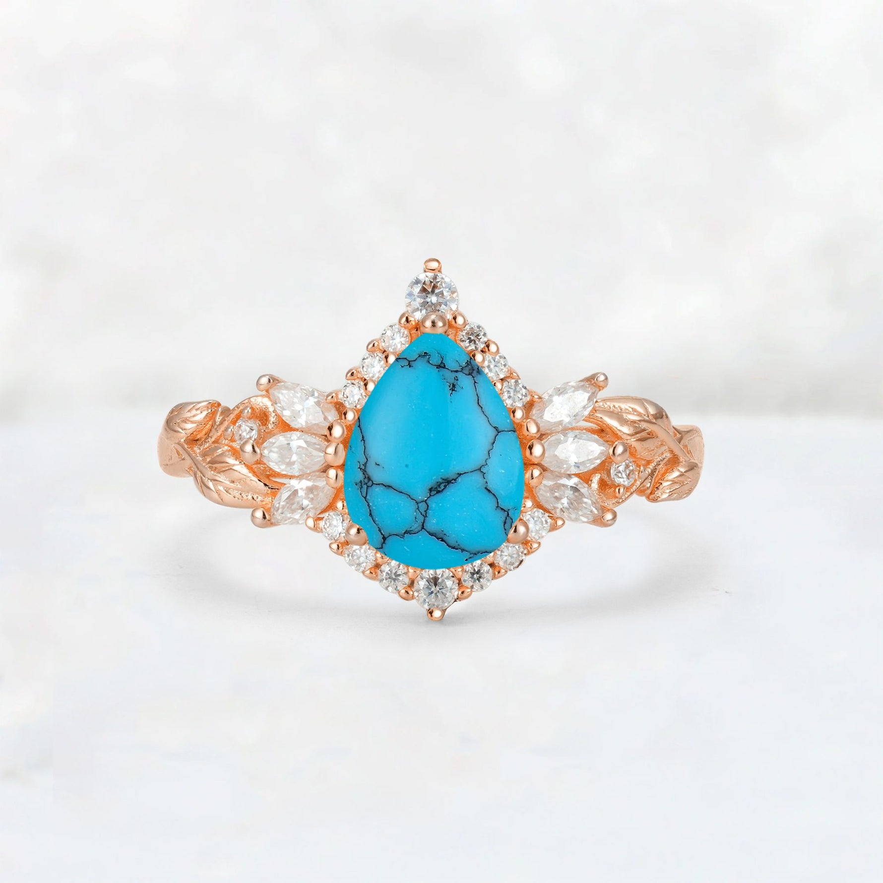 Pear Cut Turquoise Marquise Halo Leaf Vine Engagement Ring - Additional view