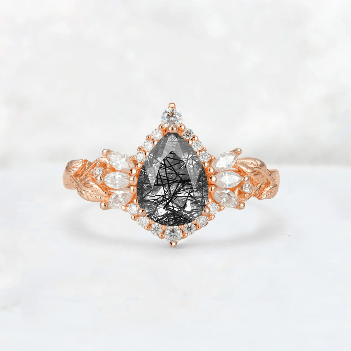 Pear Cut Black Rutilated Quartz Marquise Halo Leaf Vine Engagement Ring - Additional view