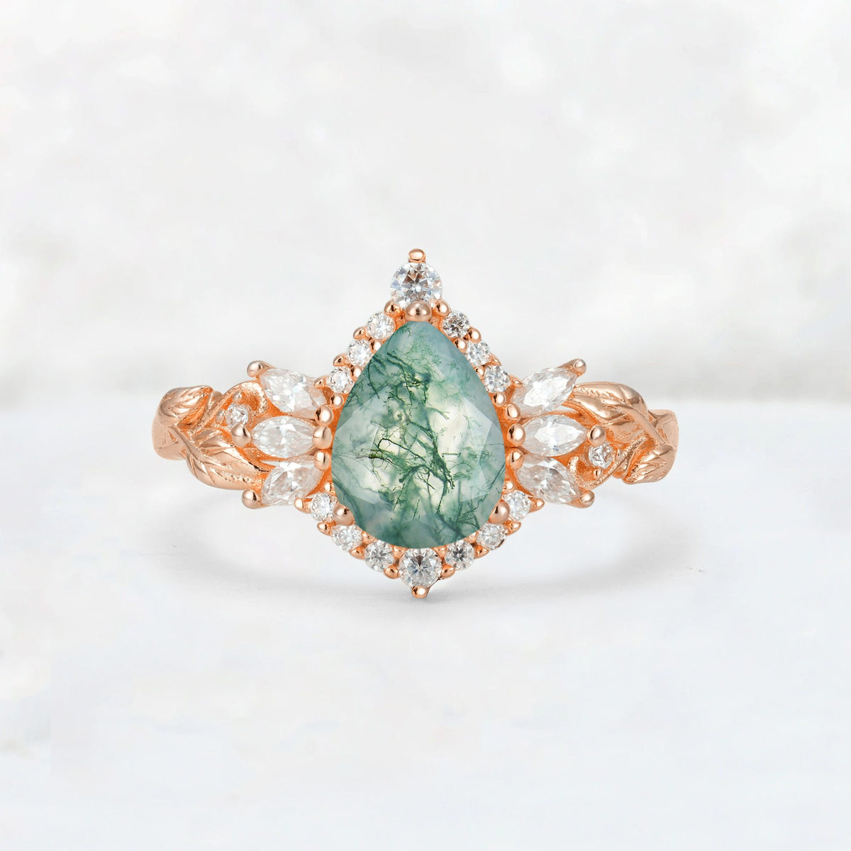 Pear Cut Moss Agate Marquise Halo Leaf Vine Engagement Ring - Additional view
