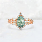 Pear Cut Moss Agate Marquise Halo Leaf Vine Engagement Ring - Additional view