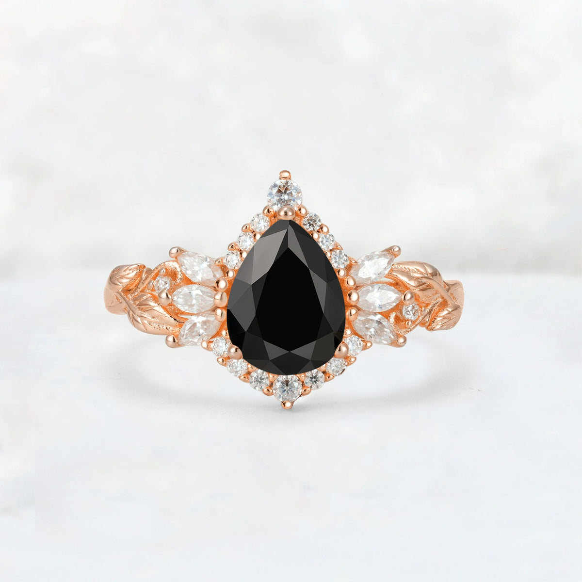 Pear Cut Black Onyx Marquise Halo Leaf Vine Engagement Ring - Additional view
