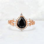 Pear Cut Black Onyx Marquise Halo Leaf Vine Engagement Ring - Additional view
