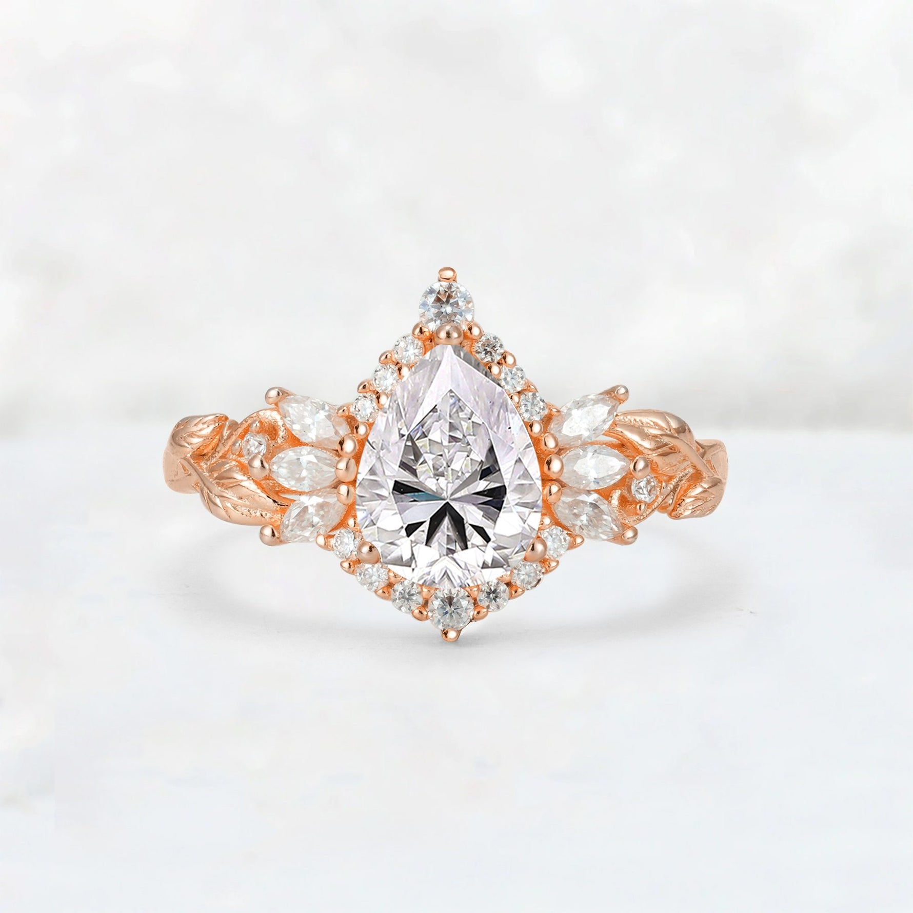 Pear Cut Lab Diamond Marquise Halo Leaf Vine Engagement Ring - Additional view