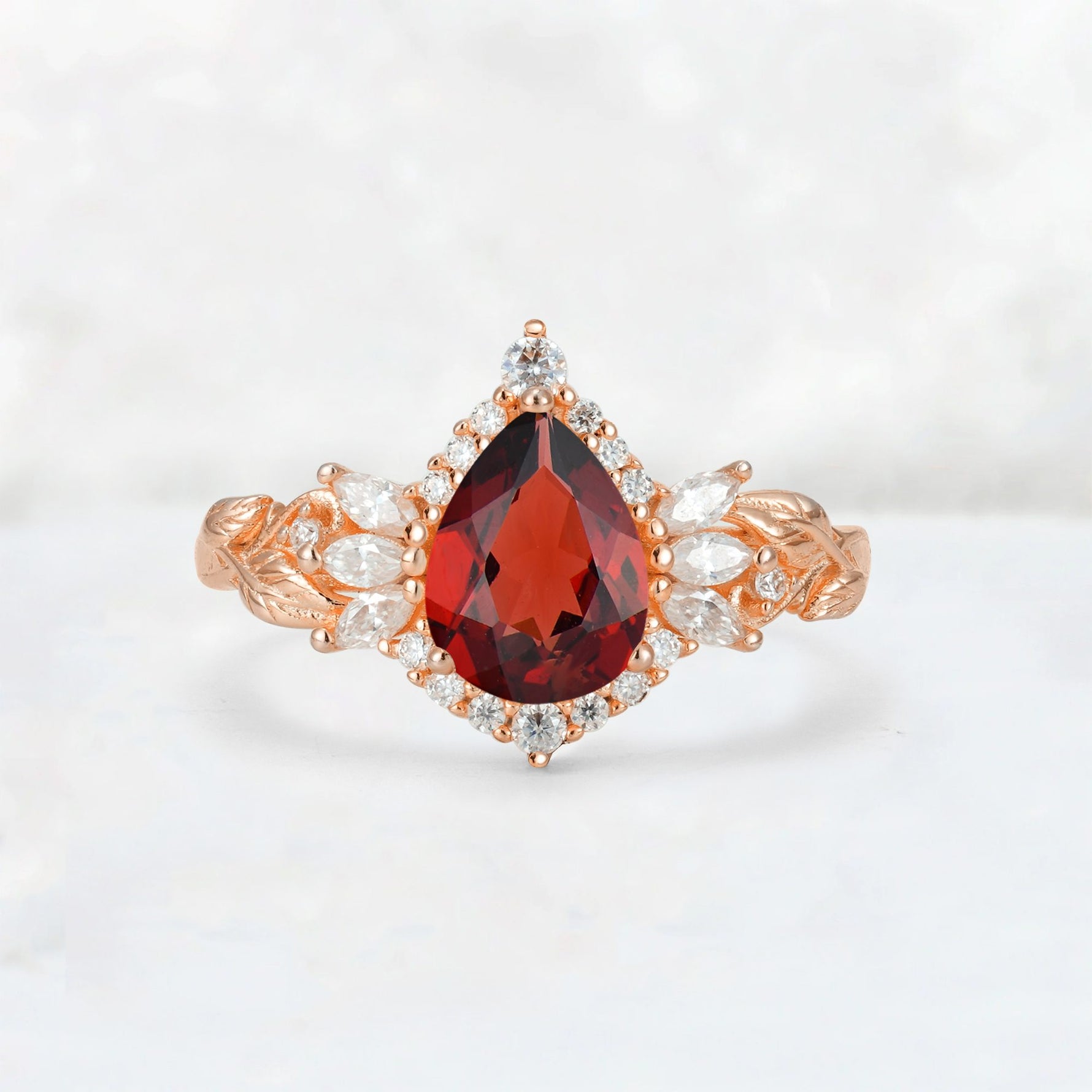 Pear Cut Garnet Marquise Halo Leaf Vine Engagement Ring - Additional view