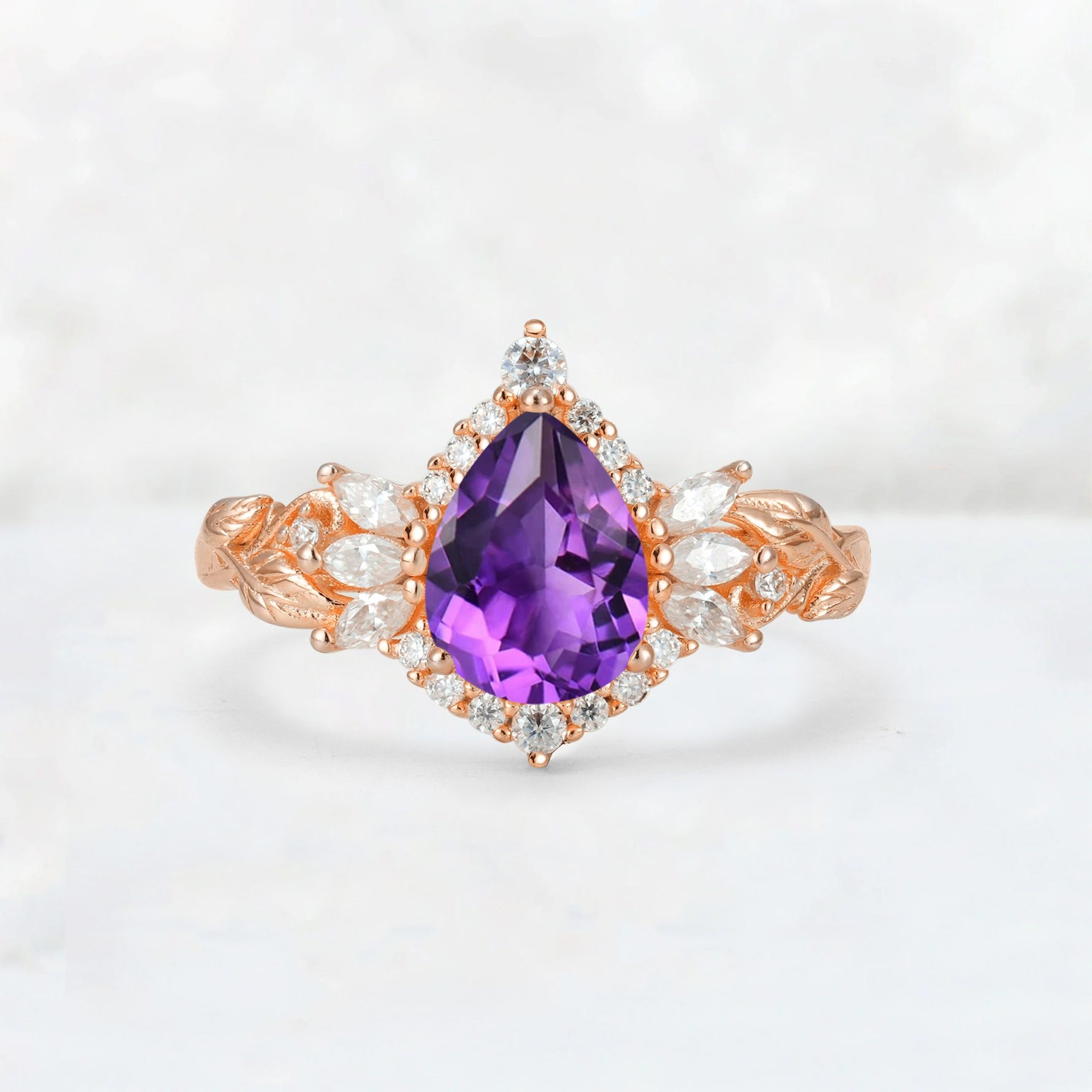 Pear Cut Amethyst Marquise Halo Leaf Vine Engagement Ring - Additional view