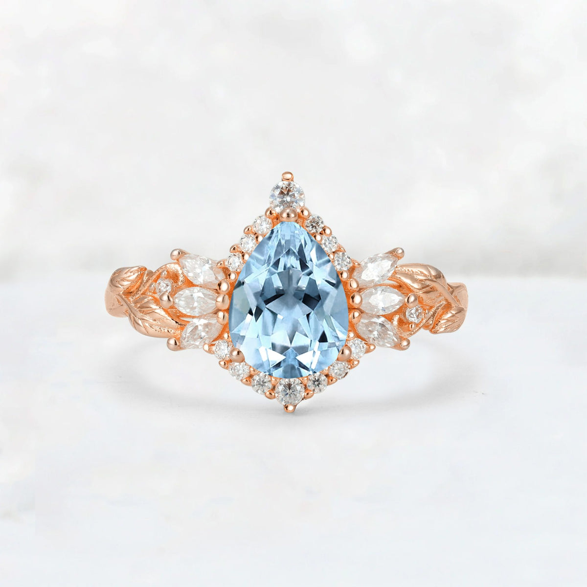 Pear Cut Aquamarine Marquise Halo Leaf Vine Engagement Ring - Additional view