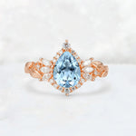 Pear Cut Aquamarine Marquise Halo Leaf Vine Engagement Ring - Additional view