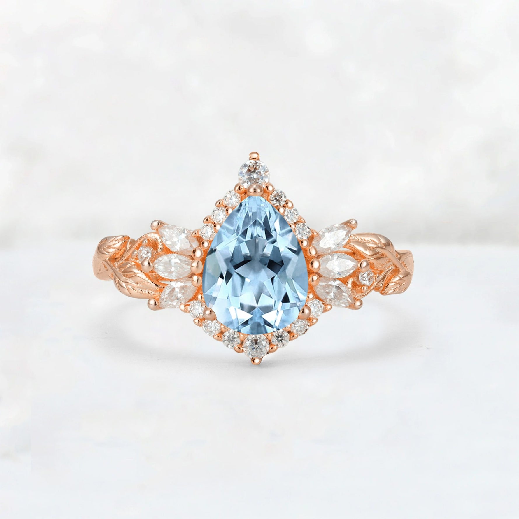 Pear Cut Aquamarine Marquise Halo Leaf Vine Engagement Ring - Additional view