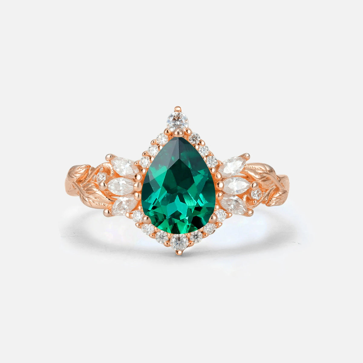 Pear Cut Emerald Marquise Halo Leaf Vine Engagement Ring - Additional view