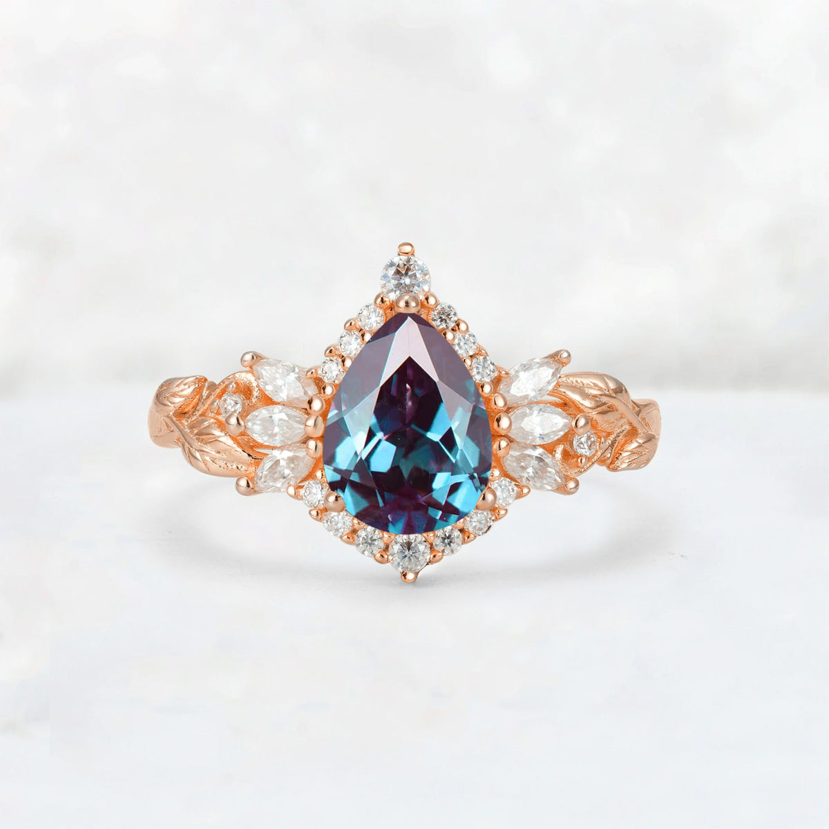 Pear Cut Alexandrite Marquise Halo Leaf Vine Engagement Ring - Additional view