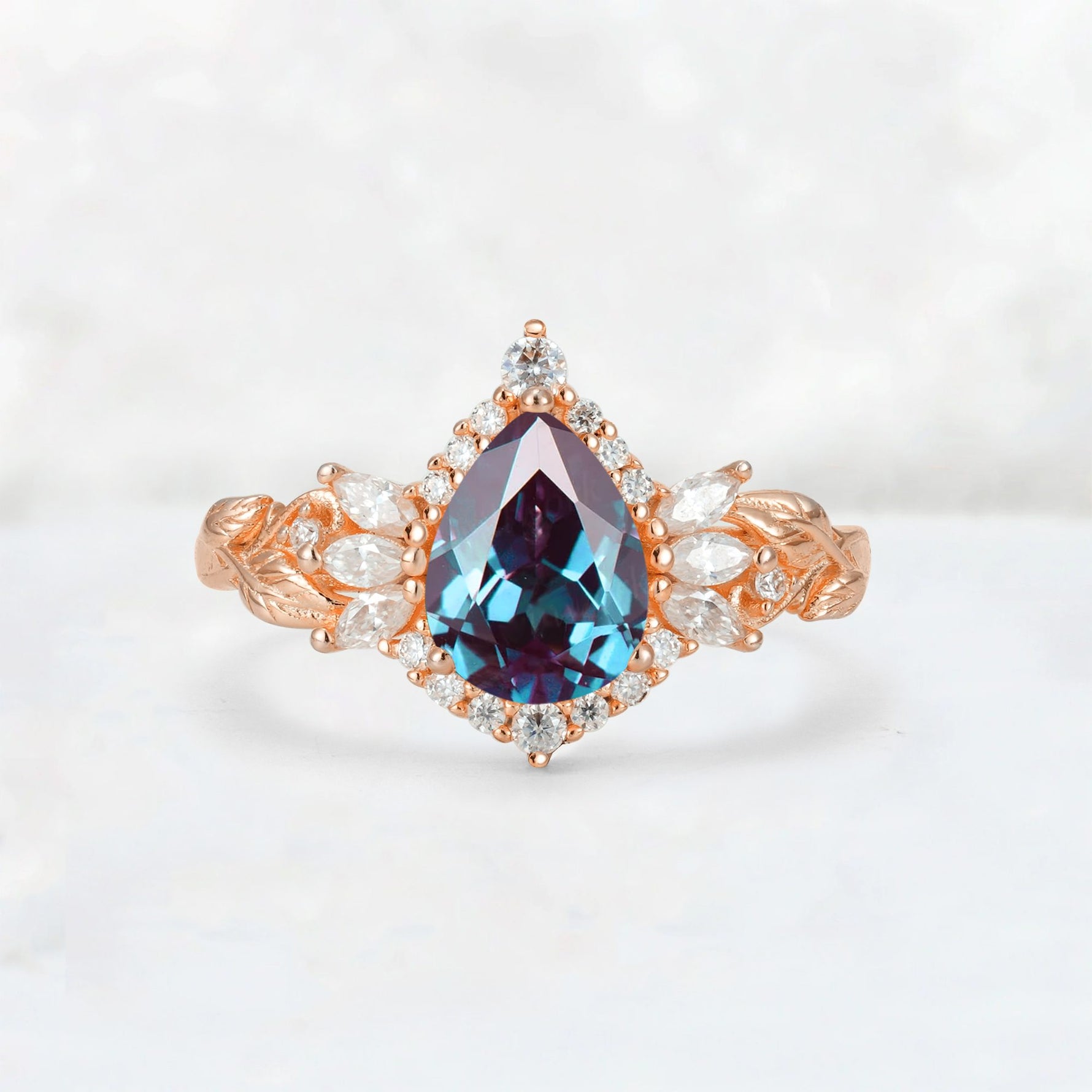 Pear Cut Alexandrite Marquise Halo Leaf Vine Engagement Ring - Additional view