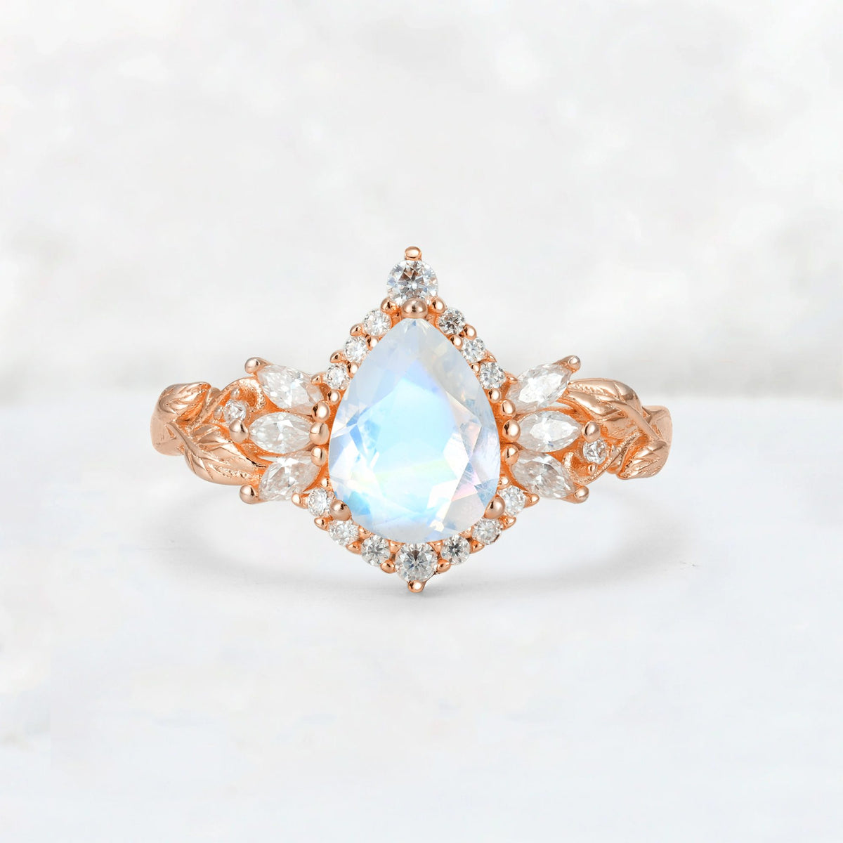 Pear Cut Moonstone Marquise Halo Leaf Vine Engagement Ring - Additional view