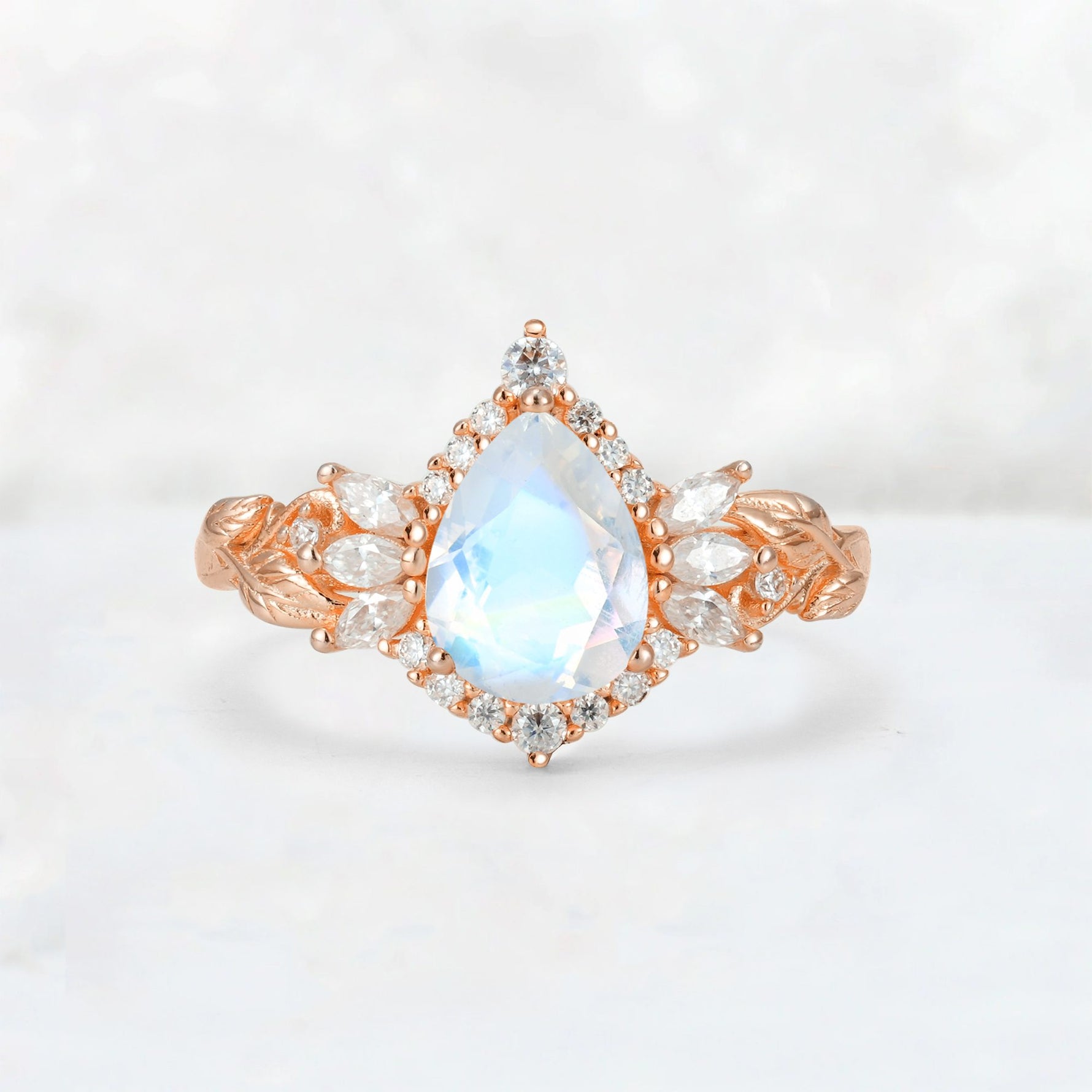 Pear Cut Moonstone Marquise Halo Leaf Vine Engagement Ring - Additional view