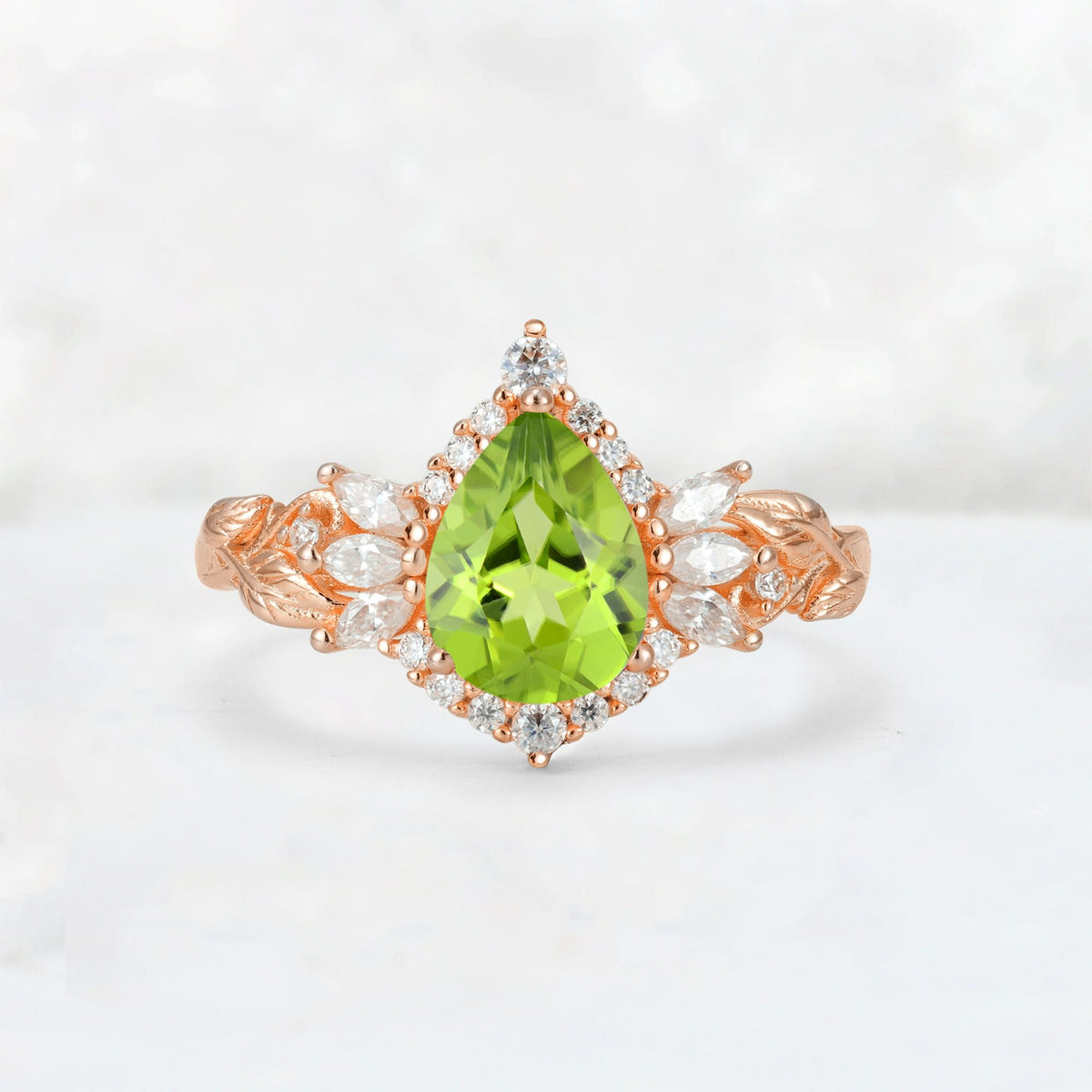 Pear Cut Peridot Marquise Halo Leaf Vine Engagement Ring - Additional view