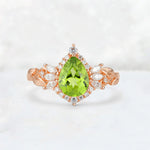 Pear Cut Peridot Marquise Halo Leaf Vine Engagement Ring - Additional view