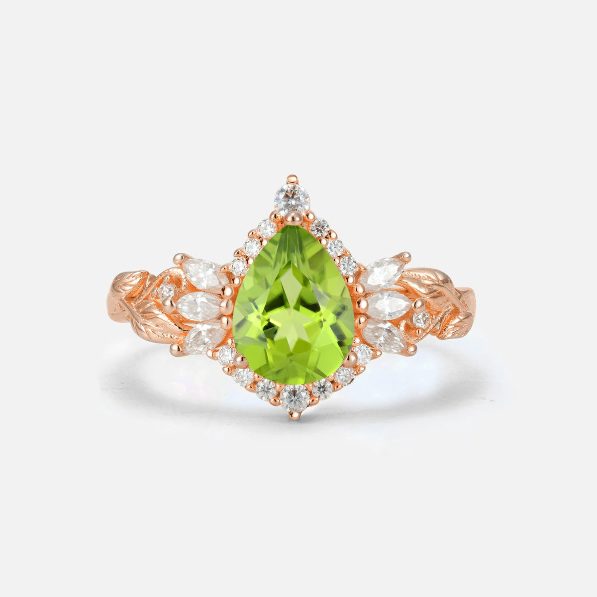 Pear Cut Peridot Marquise Halo Leaf Vine Engagement Ring - Additional view