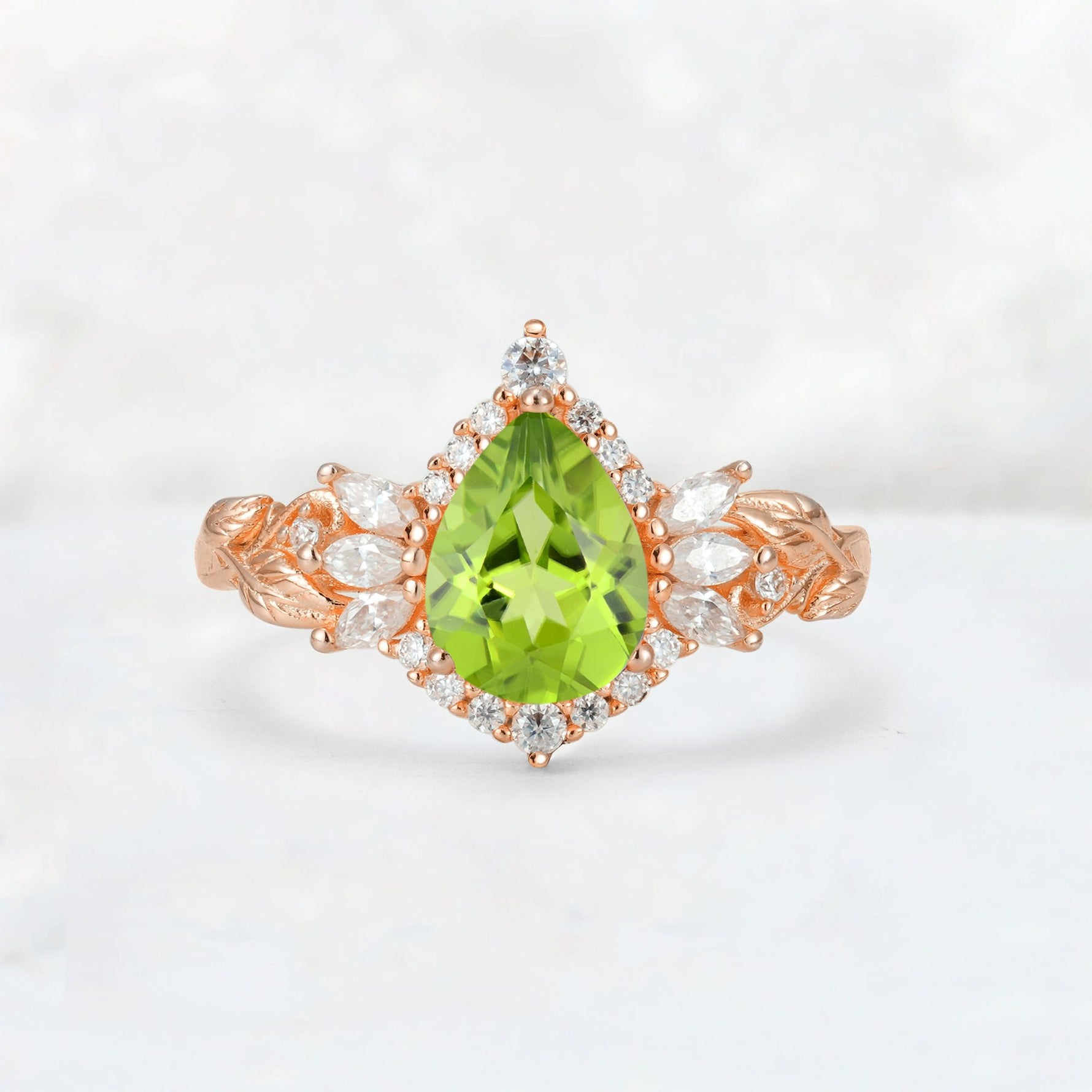 Pear Cut Peridot Marquise Halo Leaf Vine Engagement Ring - Additional view