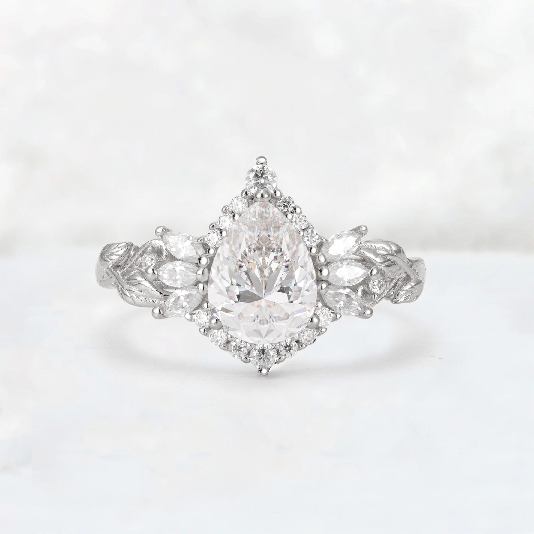 Pear Cut Moissanite Marquise Halo Leaf Vine Engagement Ring - Additional view