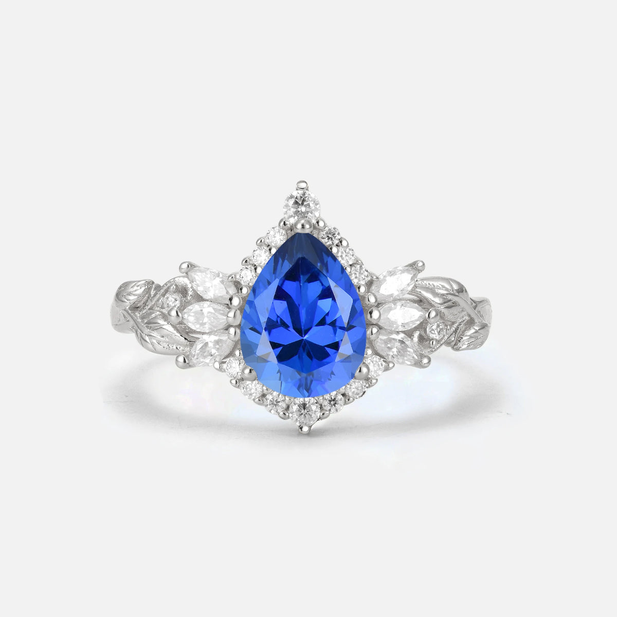 Pear Cut Sapphire Marquise Halo Leaf Vine Engagement Ring - Additional view