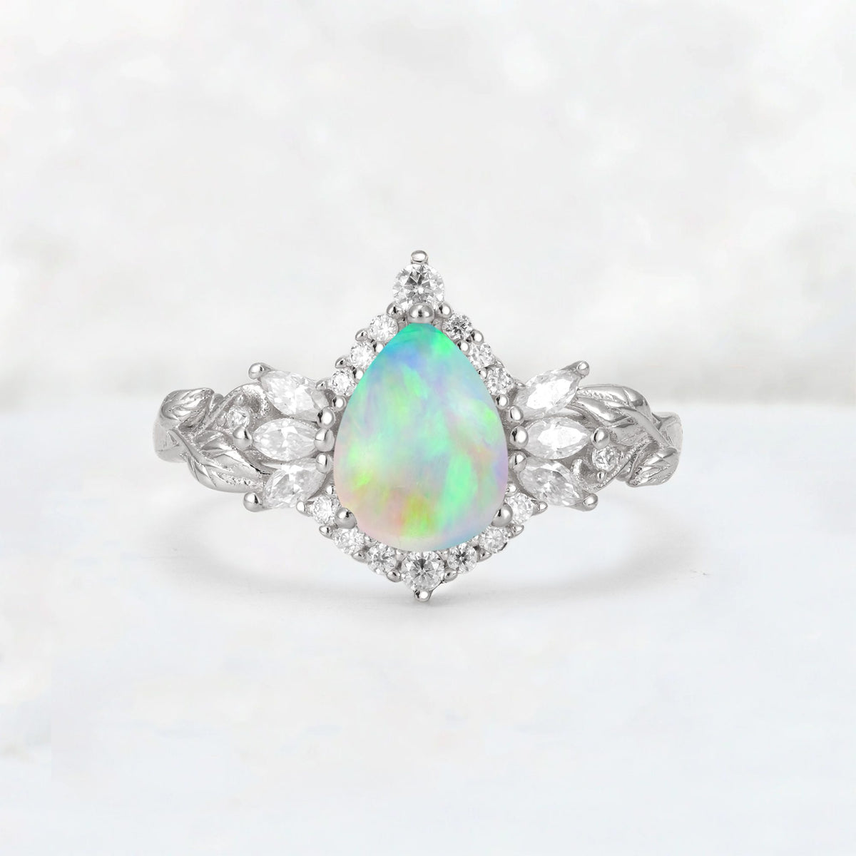 Pear Cut Fire Opal Marquise Halo Leaf Vine Engagement Ring - Additional view