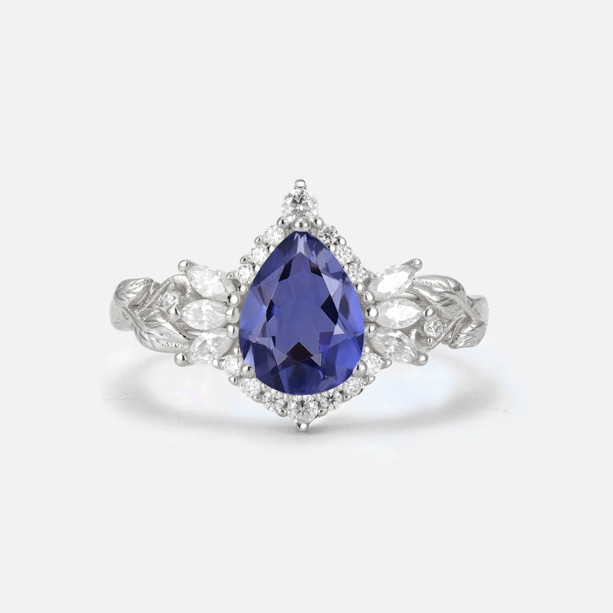 Pear Cut Tanzanite Marquise Halo Leaf Vine Engagement Ring - Additional view