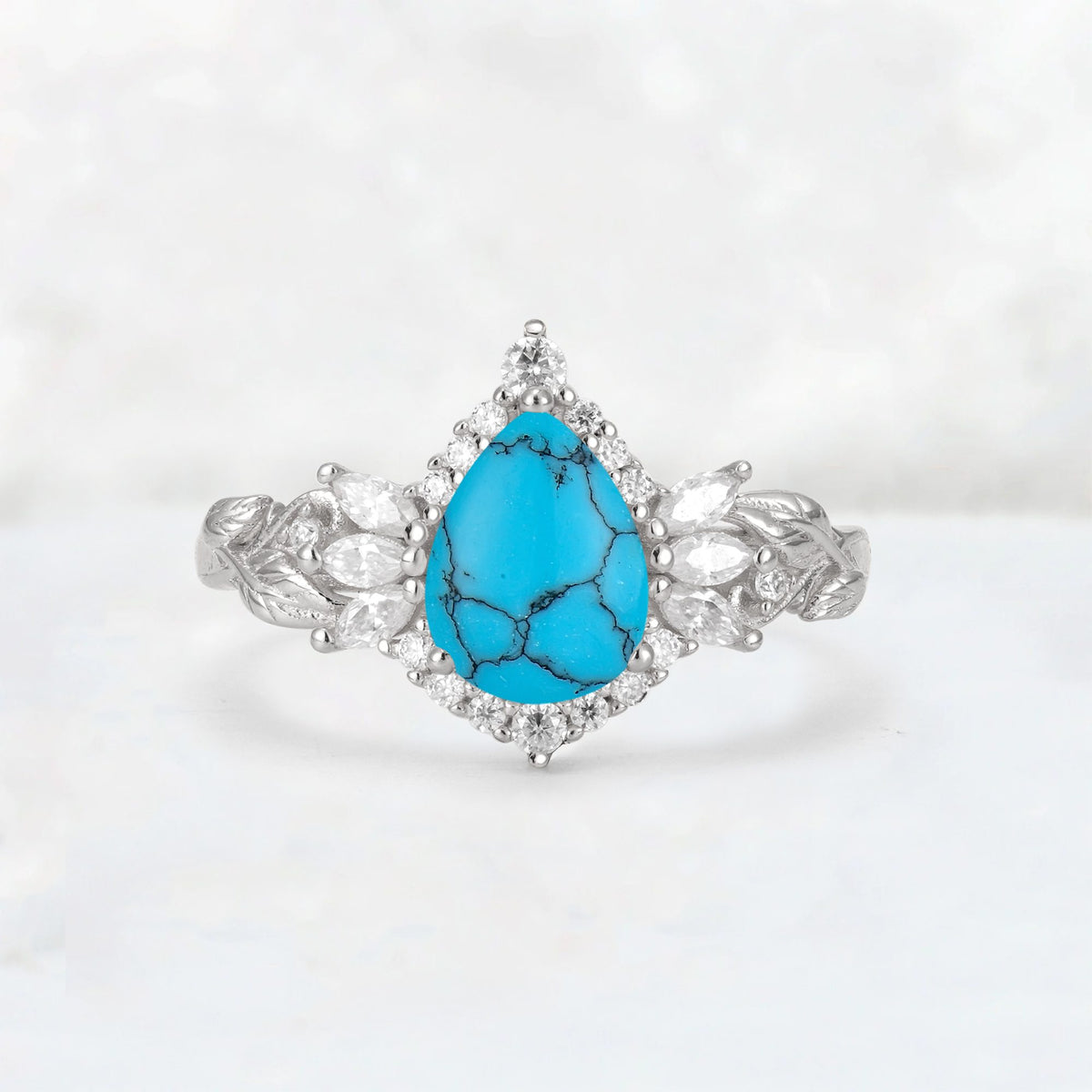 Pear Cut Turquoise Marquise Halo Leaf Vine Engagement Ring - Additional view