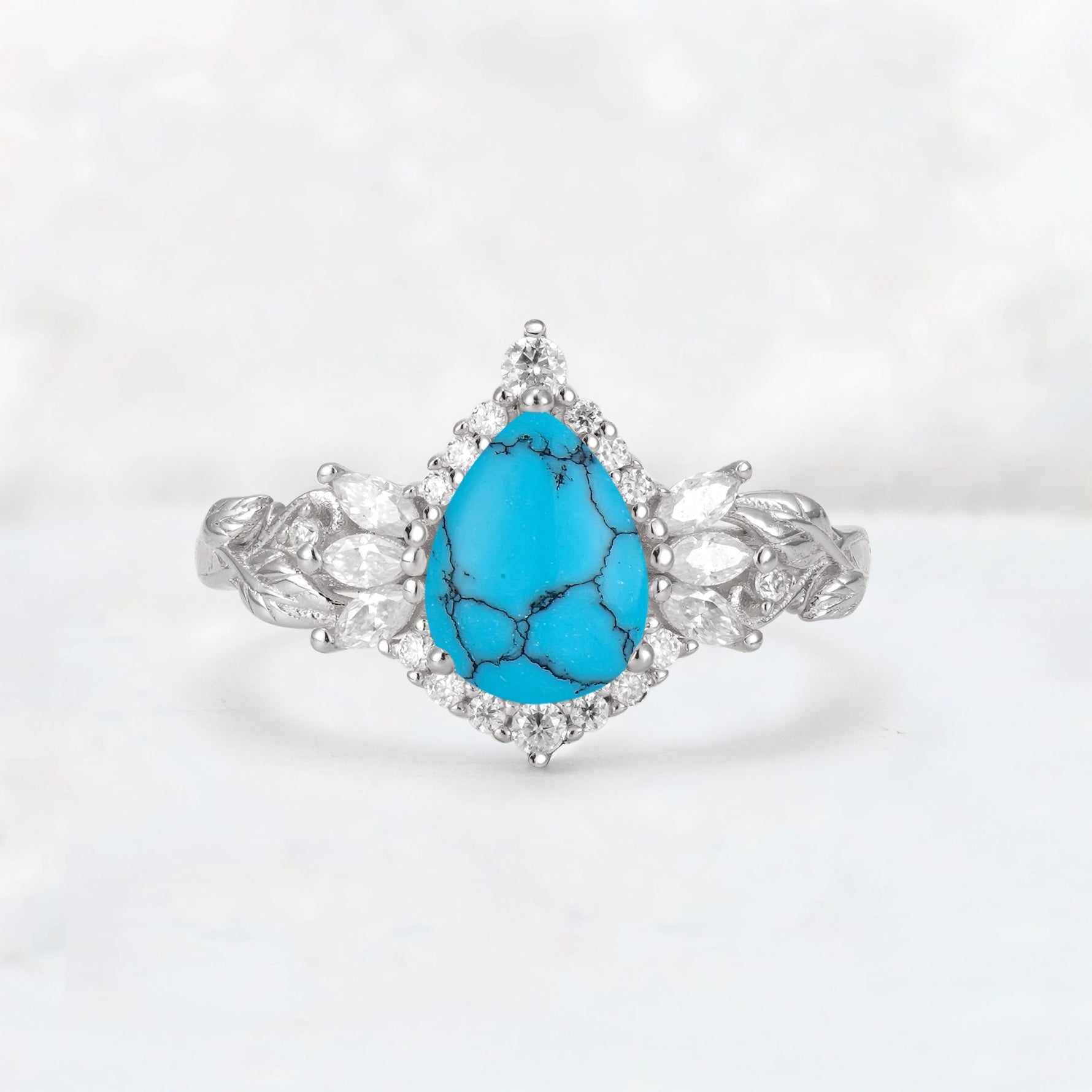 Pear Cut Turquoise Marquise Halo Leaf Vine Engagement Ring - Additional view