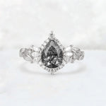 Pear Cut Black Rutilated Quartz Marquise Halo Leaf Vine Engagement Ring - Additional view