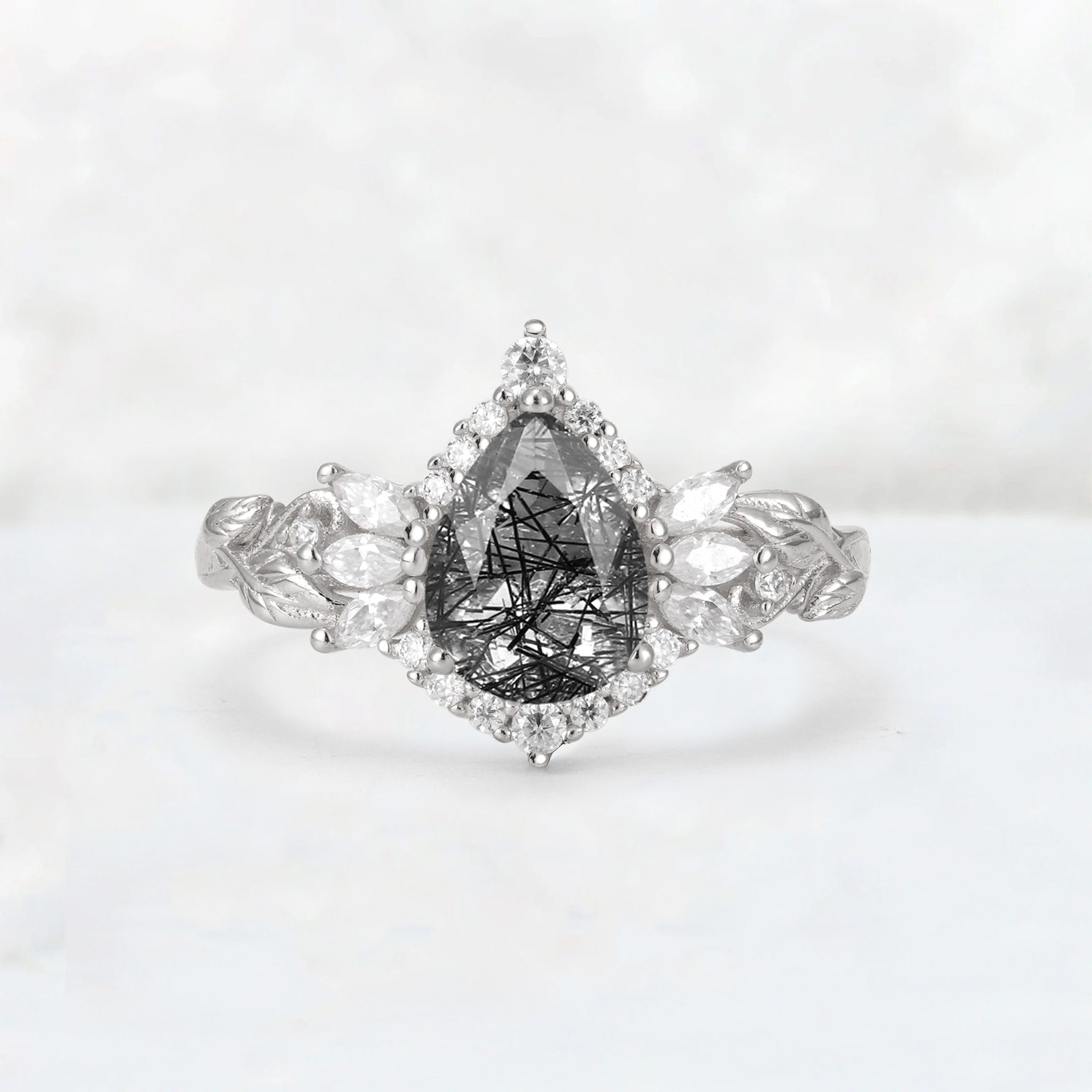 Pear Cut Black Rutilated Quartz Marquise Halo Leaf Vine Engagement Ring - Additional view