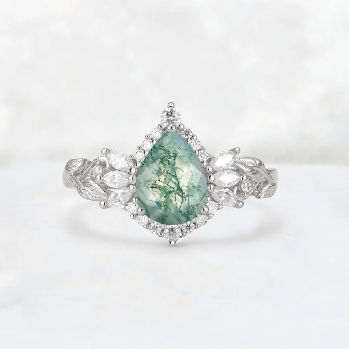 Pear Cut Moss Agate Marquise Halo Leaf Vine Engagement Ring - Additional view