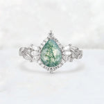 Pear Cut Moss Agate Marquise Halo Leaf Vine Engagement Ring - Additional view