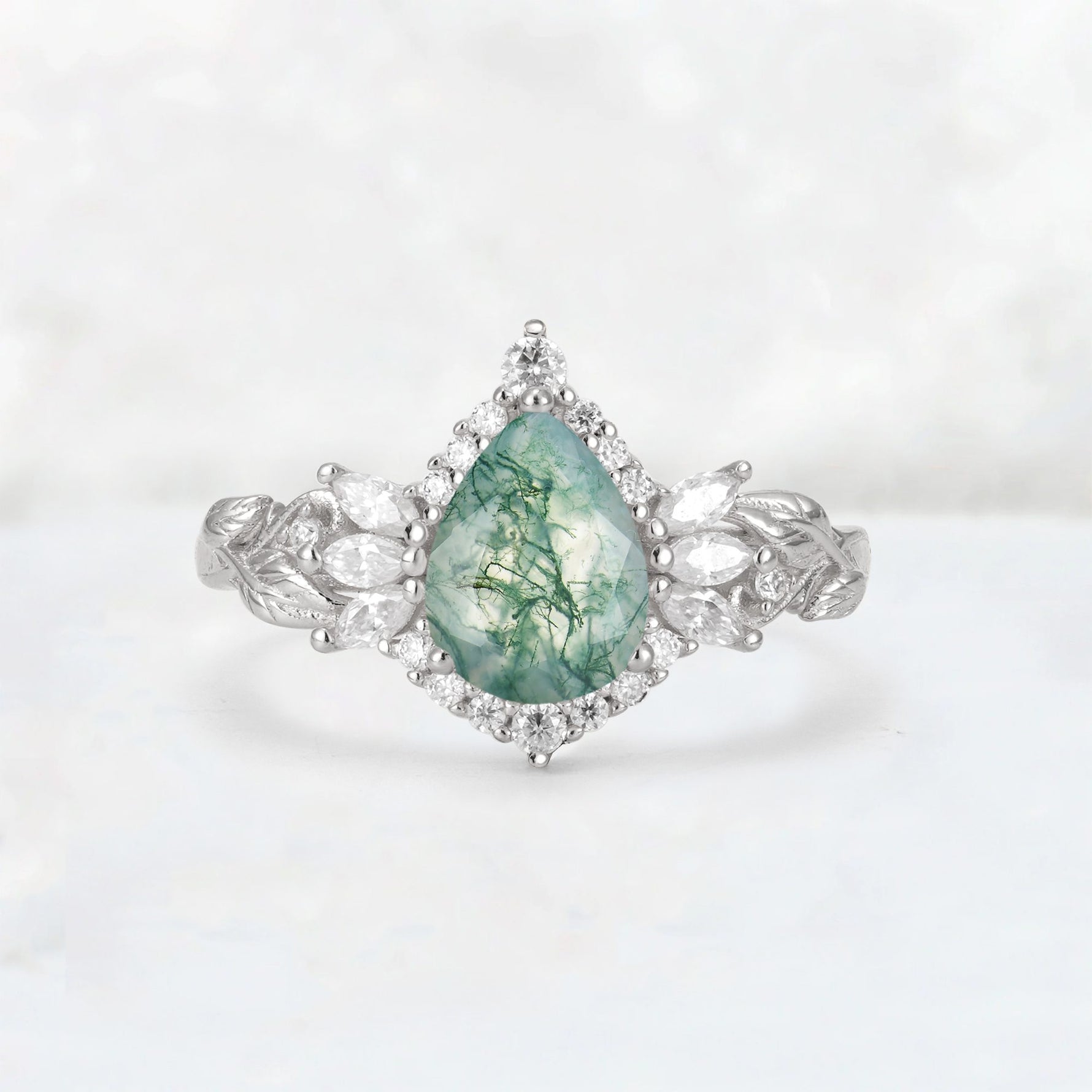 Pear Cut Moss Agate Marquise Halo Leaf Vine Engagement Ring - Additional view