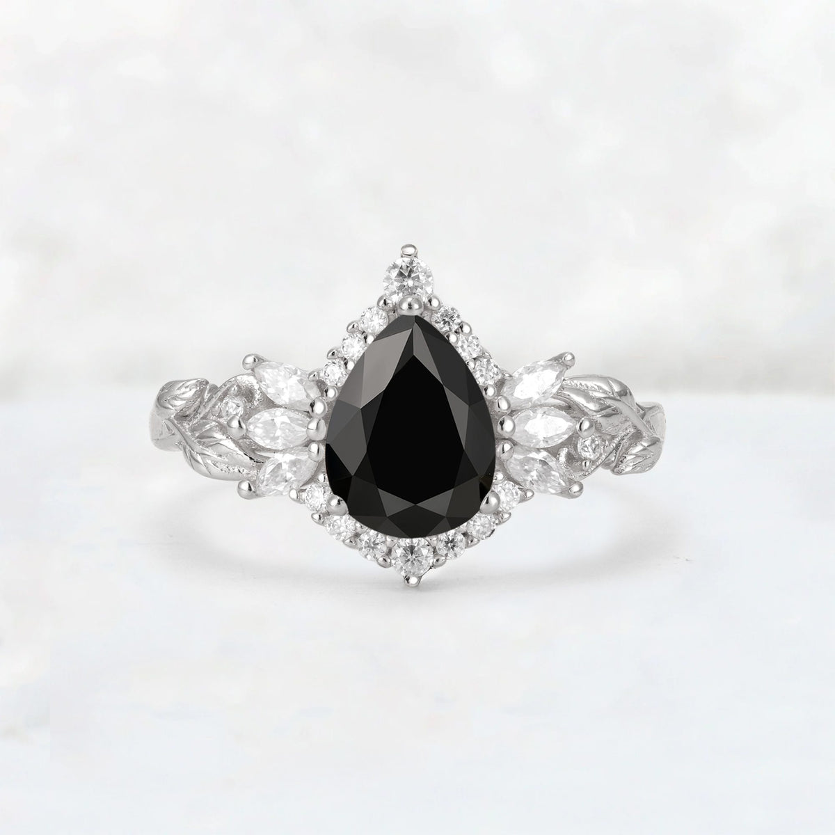 Pear Cut Black Onyx Marquise Halo Leaf Vine Engagement Ring - Additional view