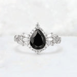 Pear Cut Black Onyx Marquise Halo Leaf Vine Engagement Ring - Additional view
