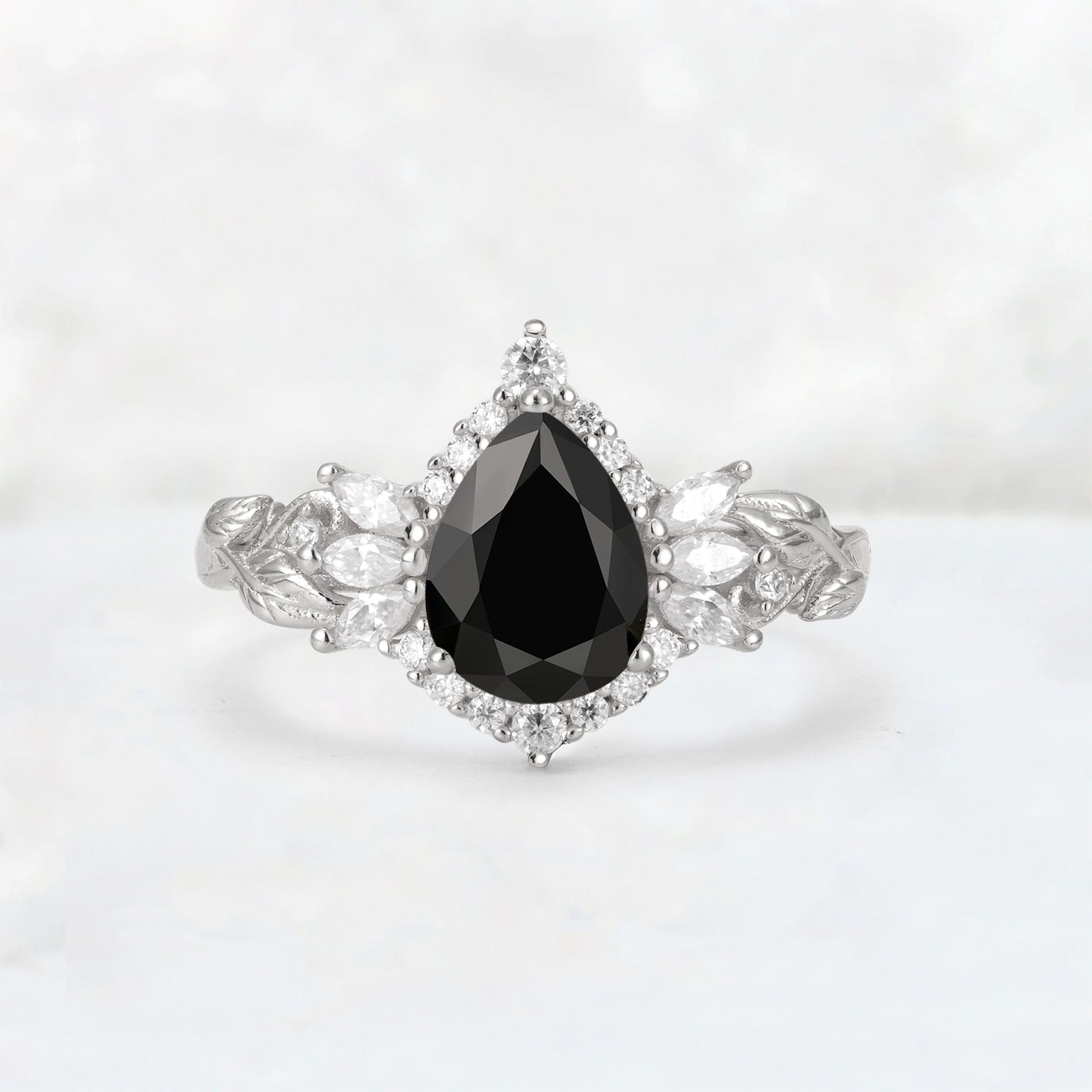 Pear Cut Black Onyx Marquise Halo Leaf Vine Engagement Ring - Additional view
