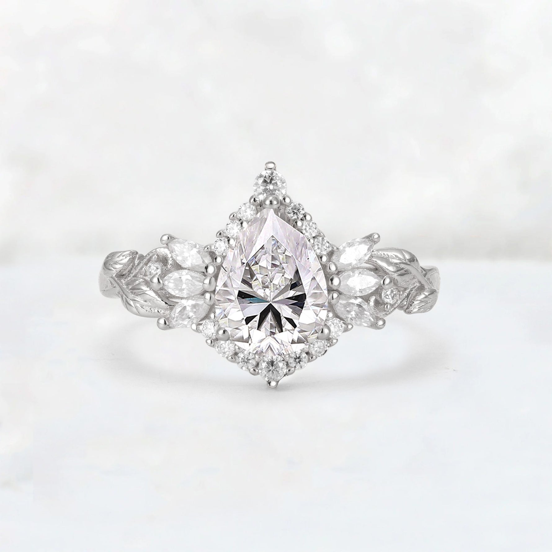 Pear Cut Lab Diamond Marquise Halo Leaf Vine Engagement Ring - Additional view