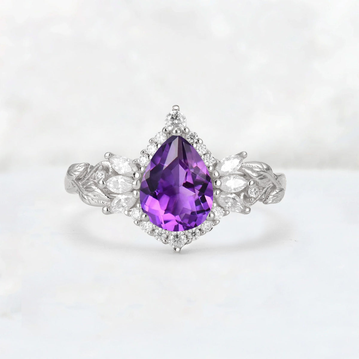 Pear Cut Amethyst Marquise Halo Leaf Vine Engagement Ring - Additional view