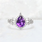 Pear Cut Amethyst Marquise Halo Leaf Vine Engagement Ring - Additional view