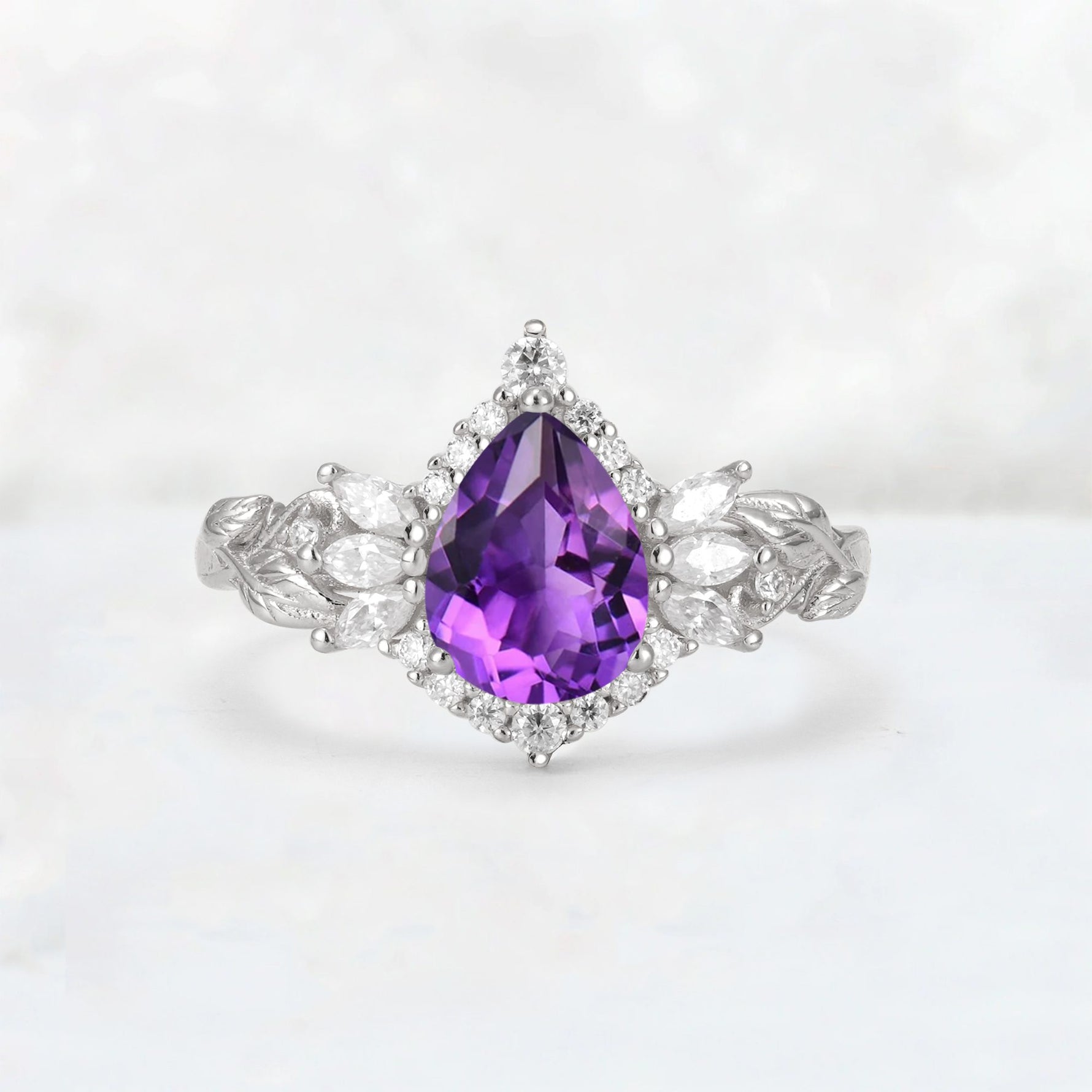 Pear Cut Amethyst Marquise Halo Leaf Vine Engagement Ring - Additional view