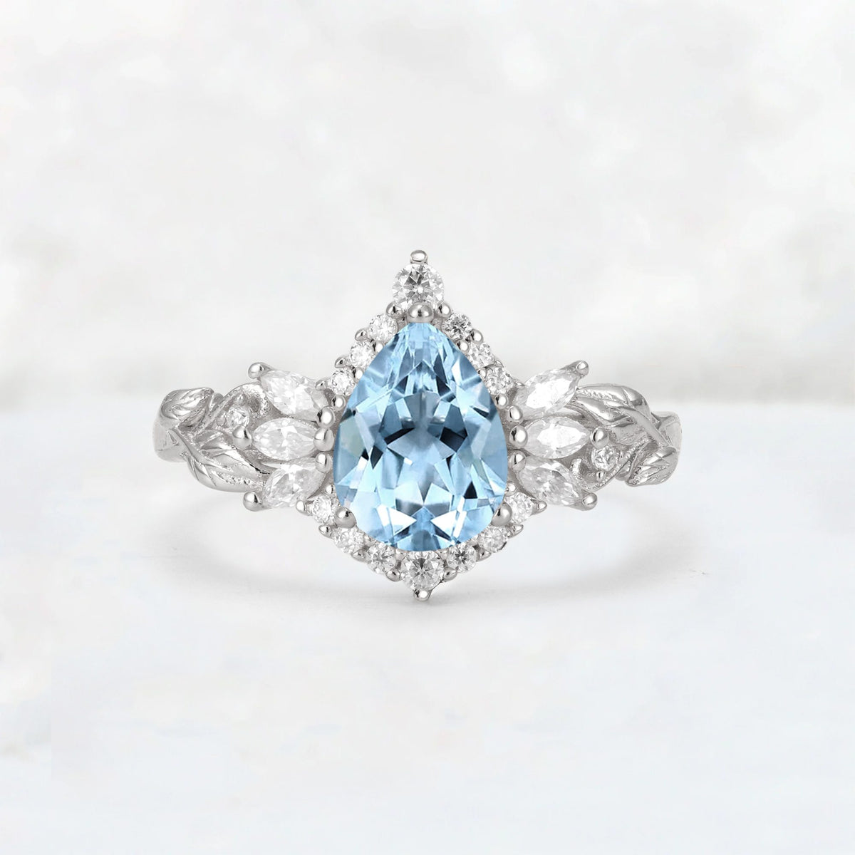 Pear Cut Aquamarine Marquise Halo Leaf Vine Engagement Ring - Additional view
