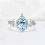 Pear Cut Aquamarine Marquise Halo Leaf Vine Engagement Ring - Additional view
