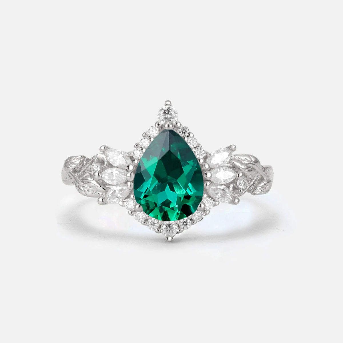 Pear Cut Emerald Marquise Halo Leaf Vine Engagement Ring - Additional view
