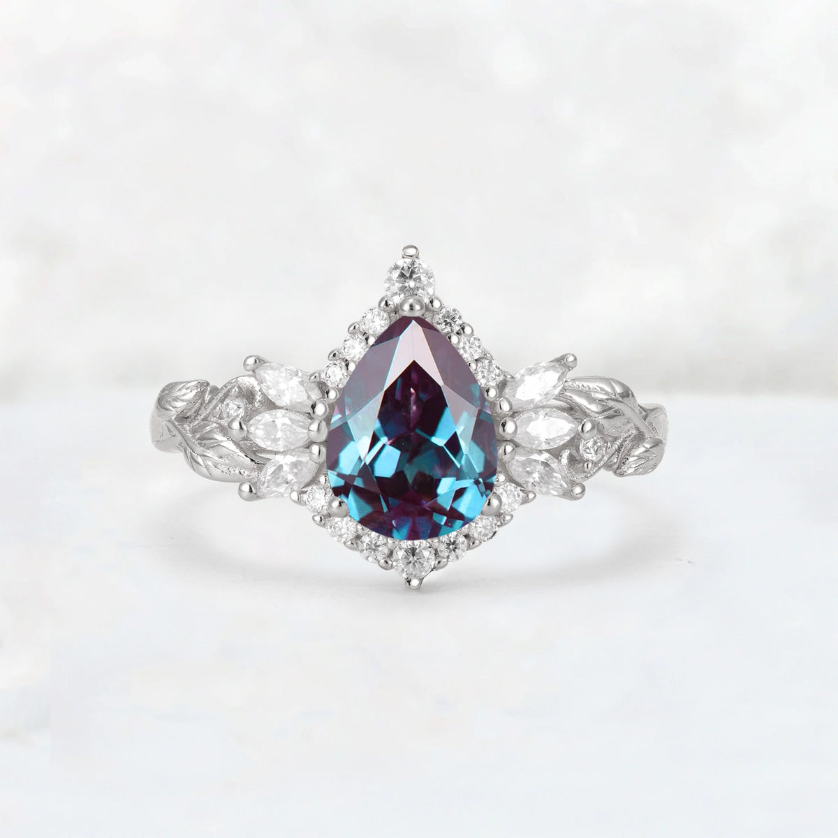 Pear Cut Alexandrite Marquise Halo Leaf Vine Engagement Ring - Additional view