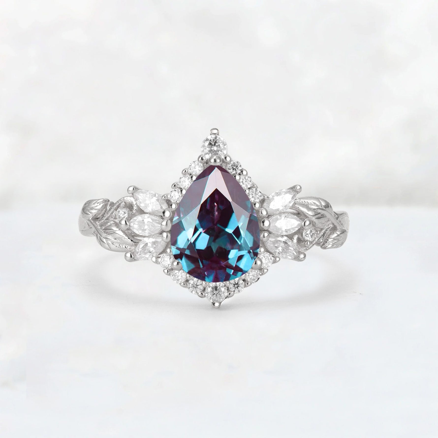 Pear Cut Alexandrite Marquise Halo Leaf Vine Engagement Ring - Additional view