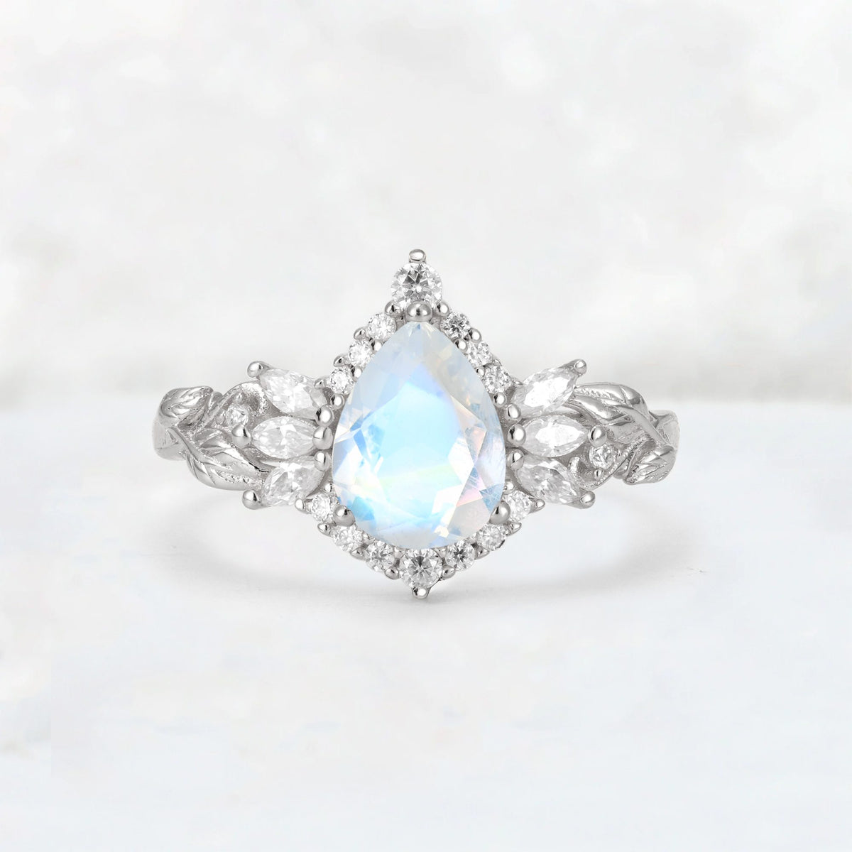 Pear Cut Moonstone Marquise Halo Leaf Vine Engagement Ring - Additional view
