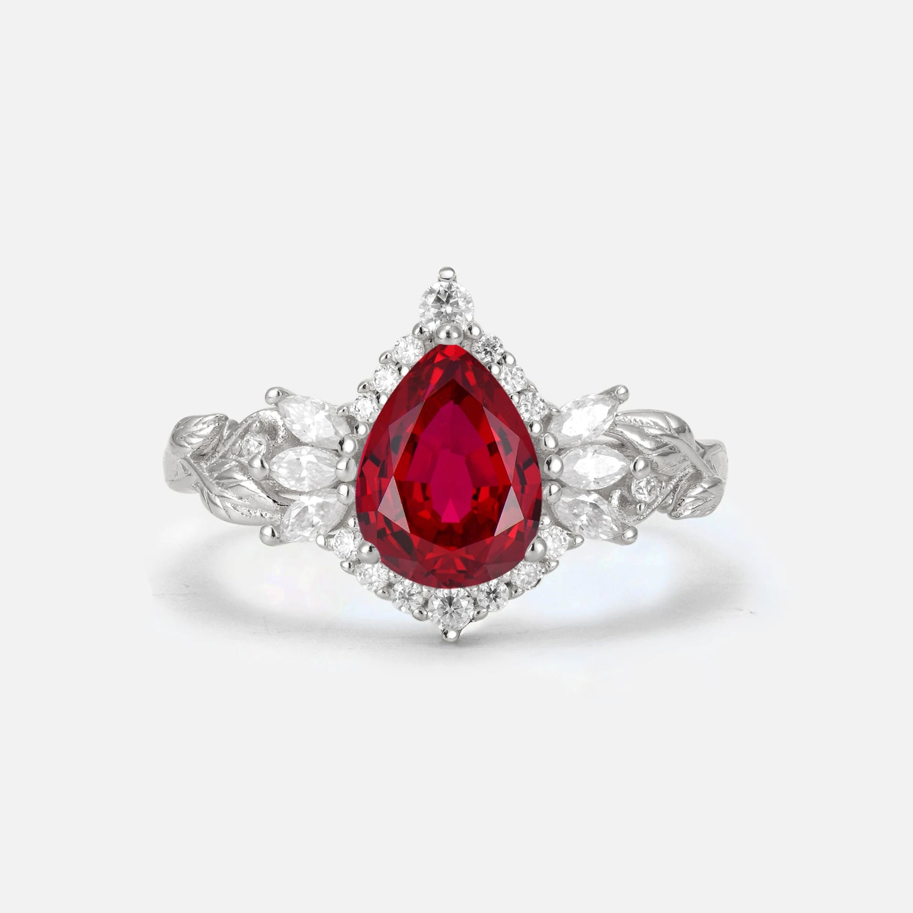 Pear Cut Ruby Marquise Halo Leaf Vine Engagement Ring - Additional view