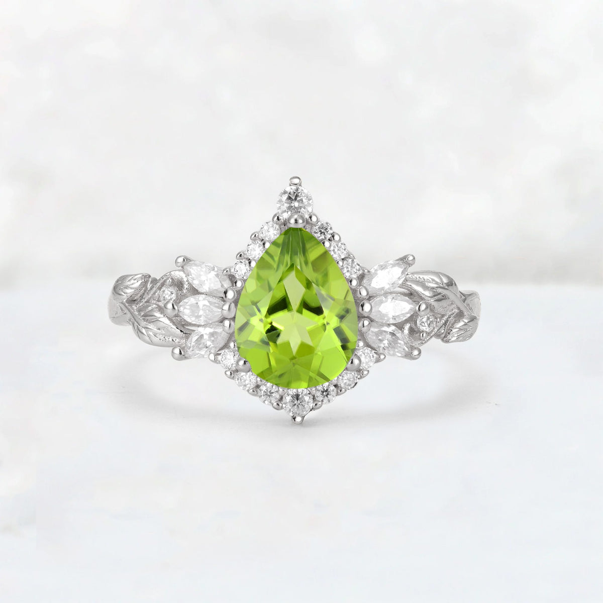 Pear Cut Peridot Marquise Halo Leaf Vine Engagement Ring - Additional view